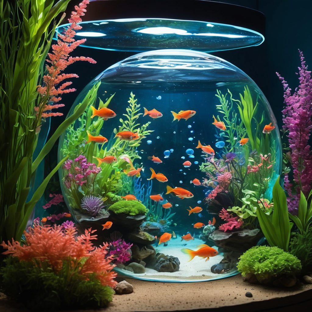 A serene underwater scene showcasing a vibrant aquarium filled with colorful fish swimming among lush aquatic plants. In the foreground, a soft glow emanates from a symbolic cancer ribbon integrated with corals, while a diverse group of people gently interacting with the tank reflects positivity and empathy. Delicate bubbles rise to the surface, embodying hope and healing. super-realistic. vibrant colors. 3D effect.