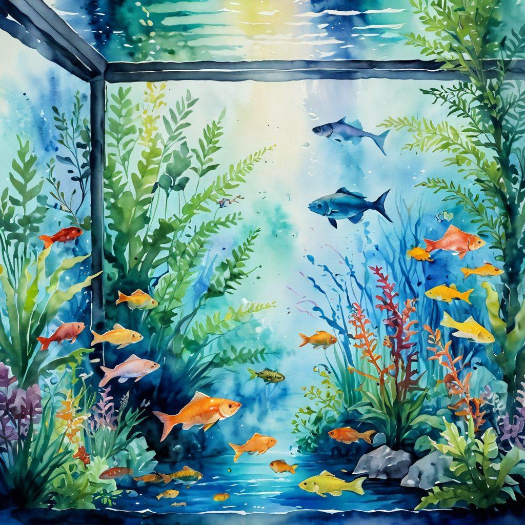 A serene underwater scene featuring a vibrant aquarium filled with colorful fish and lush aquatic plants, symbolizing tranquility and healing. Include a patient gazing at the aquarium with a sense of calm and relief, evoking the therapeutic benefits of nature. Soft lighting to enhance the peaceful atmosphere. watercolor painting. vibrant colors. soft focus.