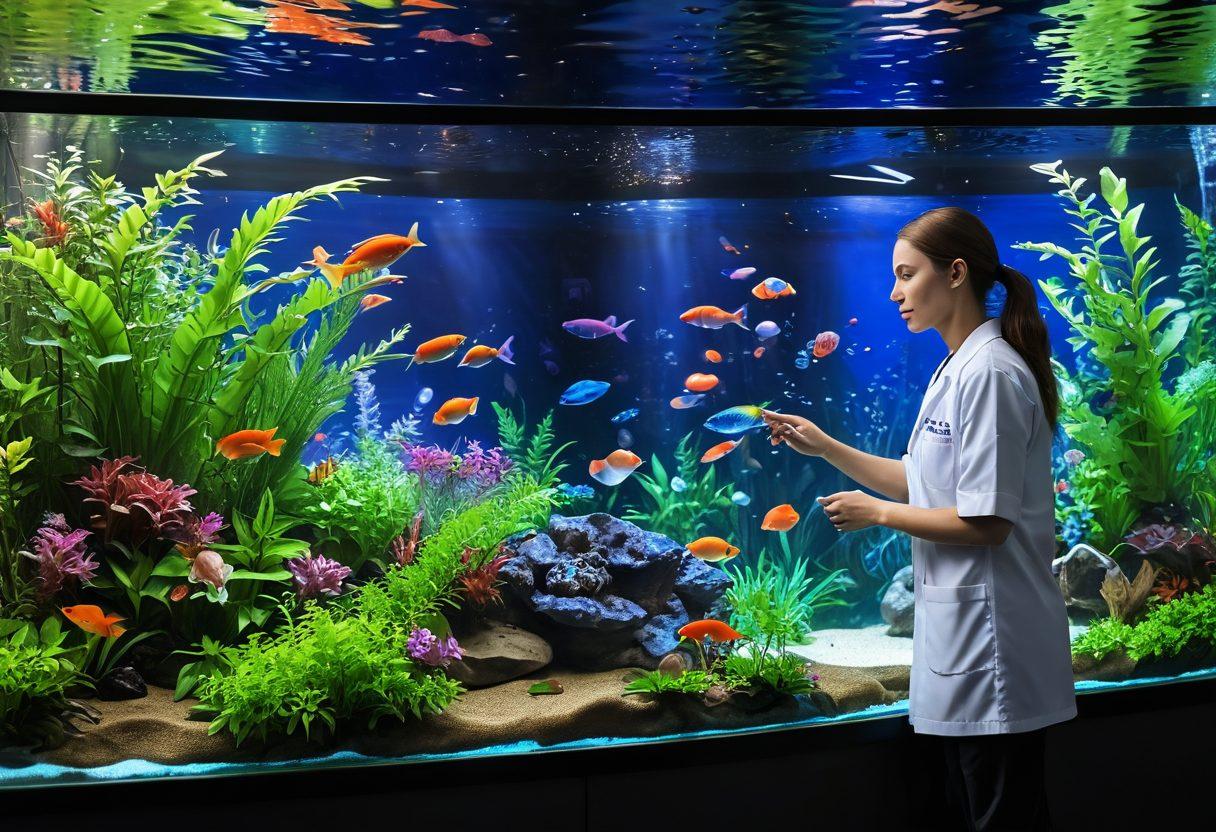 A serene aquarium filled with vibrant, colorful fish swimming amongst lush aquatic plants, with soft blue lighting creating a calming atmosphere. In the foreground, a healthcare professional interacts gently with a patient, both admiring the beauty of the aquarium, symbolizing healing and tranquility. Bubbles rise gently in the water, enhancing the soothing ambiance. super-realistic. vibrant colors. calming tones.